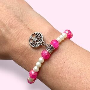 Silver Tree Charm Pink and White Recycled Beads Bracelet